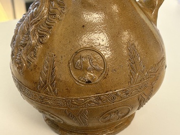 An exceptionally fine pewter-lidded stoneware bellarmine jug with portrait medallions, Cologne, Germany, 2nd quarter 16th C.