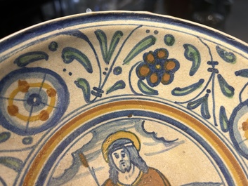 A rare polychrome Antwerp maiolica dish with 'Christ as the man of sorrows', ca. 1540-1550