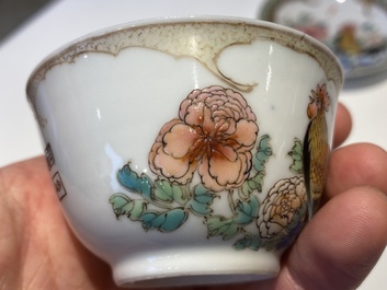 A rare Chinese semi-eggshell famille rose 'rooster' tea cup and saucer, Baiyun Shanren 白雲山人 seal mark, Yongzheng