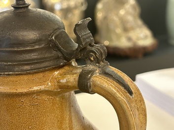 An exceptionally fine pewter-lidded stoneware bellarmine jug with portrait medallions, Cologne, Germany, 2nd quarter 16th C.