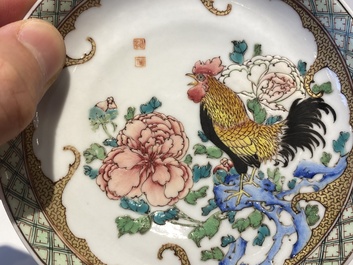 A rare Chinese semi-eggshell famille rose 'rooster' tea cup and saucer, Baiyun Shanren 白雲山人 seal mark, Yongzheng