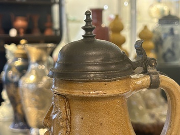 An exceptionally fine pewter-lidded stoneware bellarmine jug with portrait medallions, Cologne, Germany, 2nd quarter 16th C.