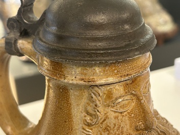 An exceptionally fine pewter-lidded stoneware bellarmine jug with portrait medallions, Cologne, Germany, 2nd quarter 16th C.