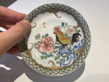 A rare Chinese semi-eggshell famille rose 'rooster' tea cup and saucer, Baiyun Shanren 白雲山人 seal mark, Yongzheng