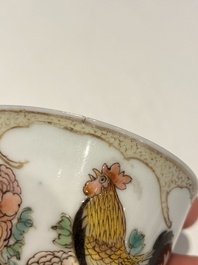 A rare Chinese semi-eggshell famille rose 'rooster' tea cup and saucer, Baiyun Shanren 白雲山人 seal mark, Yongzheng