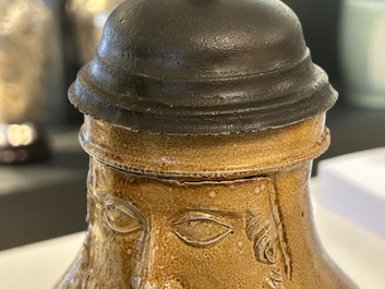 An exceptionally fine pewter-lidded stoneware bellarmine jug with portrait medallions, Cologne, Germany, 2nd quarter 16th C.