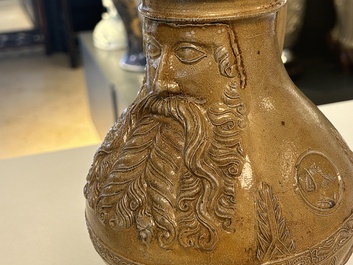 An exceptionally fine pewter-lidded stoneware bellarmine jug with portrait medallions, Cologne, Germany, 2nd quarter 16th C.