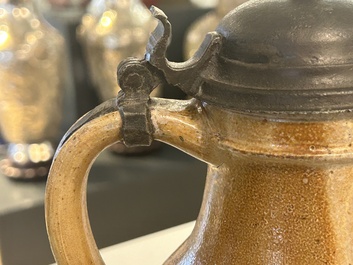 An exceptionally fine pewter-lidded stoneware bellarmine jug with portrait medallions, Cologne, Germany, 2nd quarter 16th C.