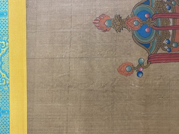 Chinese school: 'Bodhisattva with two servants', ink and colour on silk, 18/19th C.