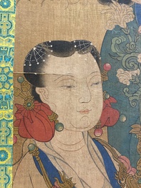 Ecole chinoise: 'Bodhisattva avec deux servants', encre et couleurs sur soie, 18/19&egrave;me