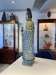 An exceptionally large Chinese famille rose sculpture of Guanyin, Li Fu Xing Hao 李福興號 seal mark, 19th C.