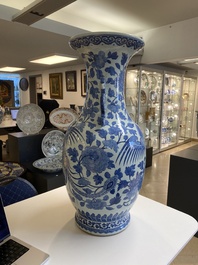 A large Chinese blue and white dragon-handled 'phoenix and peony' vase, 19th C.