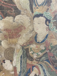 Chinese school: 'A sky full of Buddhist divinities', ink and colour on silk, 18th C.