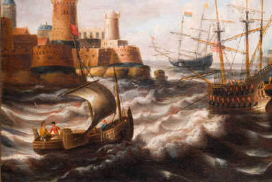 Peter van den Velde (1634-1723/1724, attr. &agrave;): 'Vue d'un port avec quatre navires en mer', huile sur toile