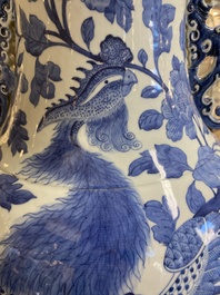 A large Chinese blue and white dragon-handled 'phoenix and peony' vase, 19th C.