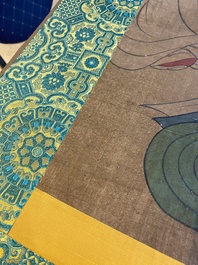 Ecole chinoise: 'Bodhisattva avec deux servants', encre et couleurs sur soie, 18/19&egrave;me