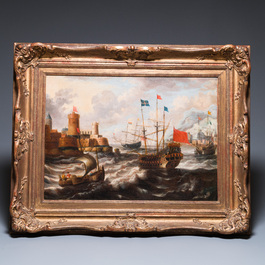 Peter van den Velde (1634-1723/1724, attr. &agrave;): 'Vue d'un port avec quatre navires en mer', huile sur toile