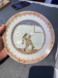 A Chinese 'South Sea Bubble' plate with the figure Harlequin from the Commedia dell'Arte, Kangxi/Yongzheng