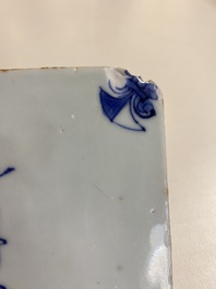 Two rare Chinese blue and white tiles with a scholar and a guardian, Transitional period