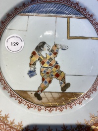 A Chinese 'South Sea Bubble' plate with the figure Harlequin from the Commedia dell'Arte, Kangxi/Yongzheng