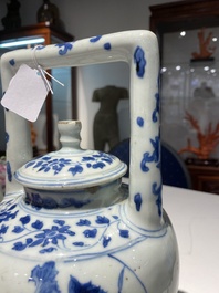 A large Chinese blue and white 'crane and lotus' wine ewer and cover, Transitional period