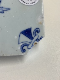 Two rare Chinese blue and white tiles with a scholar and a guardian, Transitional period