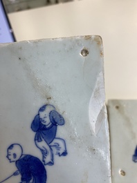 Two very rare Chinese blue and white 'playing boys' tiles, Kangxi
