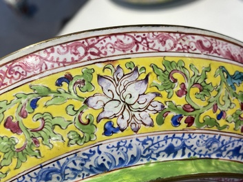 A pair of Chinese Canton enamel plates with exceptionally fine floral design, Yongzheng