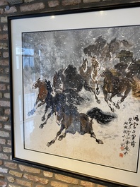 Ma Xinle 馬欣樂 (1963-): 'Twelve horses in the snow', ink and colour on paper, dated 1993