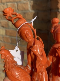 A Chinese red coral group of two ladies and a phoenix, 19/20th C.