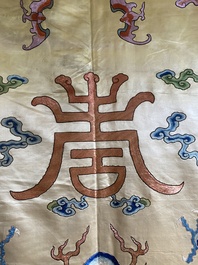 A large Chinese yellow-ground silk embroidery decorated with three five-clawed dragons, 19th C.