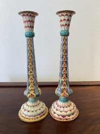 A pair of Chinese Canton enamel 'lotus' candlesticks, Yongzheng