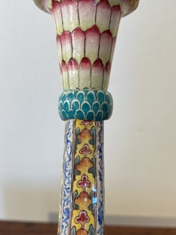 A pair of Chinese Canton enamel 'lotus' candlesticks, Yongzheng