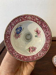 A pair of Chinese Canton enamel 'lotus' candlesticks, Yongzheng