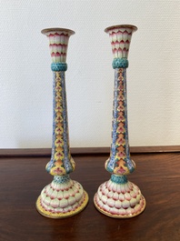 A pair of Chinese Canton enamel 'lotus' candlesticks, Yongzheng