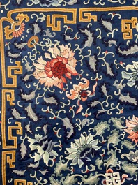 A Chinese blue-ground embroidered silk throne cushion cover, 18/19th C.