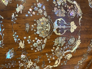 An extremely large Chinese mother-of-pearl-inlaid wooden tray with a central pavillion design, 19th C.