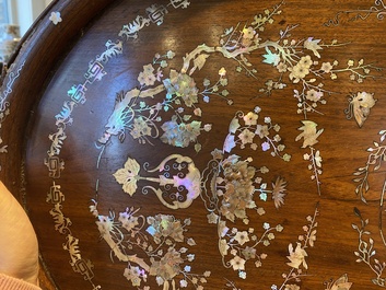 An extremely large Chinese mother-of-pearl-inlaid wooden tray with a central pavillion design, 19th C.