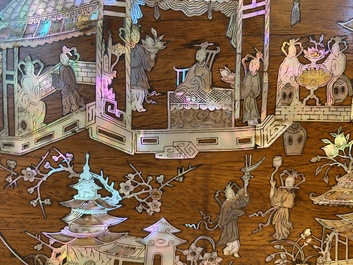 An extremely large Chinese mother-of-pearl-inlaid wooden tray with a central pavillion design, 19th C.