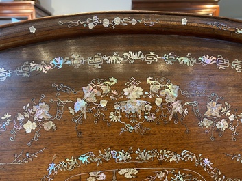 An extremely large Chinese mother-of-pearl-inlaid wooden tray with a central pavillion design, 19th C.