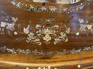 An extremely large Chinese mother-of-pearl-inlaid wooden tray with a central pavillion design, 19th C.