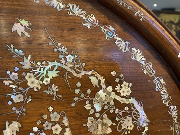 An extremely large Chinese mother-of-pearl-inlaid wooden tray with a central pavillion design, 19th C.