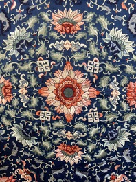 A Chinese blue-ground embroidered silk throne cushion cover, 18/19th C.