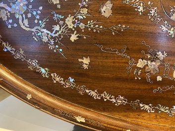 An extremely large Chinese mother-of-pearl-inlaid wooden tray with a central pavillion design, 19th C.