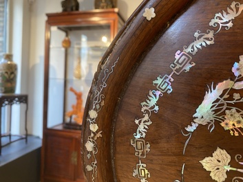 An extremely large Chinese mother-of-pearl-inlaid wooden tray with a central pavillion design, 19th C.