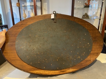 An extremely large Chinese mother-of-pearl-inlaid wooden tray with a central pavillion design, 19th C.