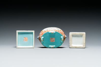 Two Chinese grisaille and qianjiang cai brush pots and a water pot, signature of Cheng Men 程門 and Qianlong marks, 20th C.