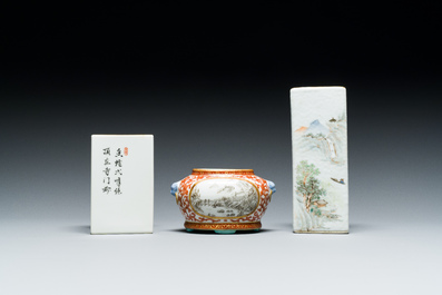 Two Chinese grisaille and qianjiang cai brush pots and a water pot, signature of Cheng Men 程門 and Qianlong marks, 20th C.