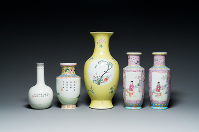 Five Chinese famille rose vases, Qianlong marks, 20th C.