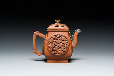 A Chinese reticulated double-walled Yixing stoneware teapot and cover, Kangxi